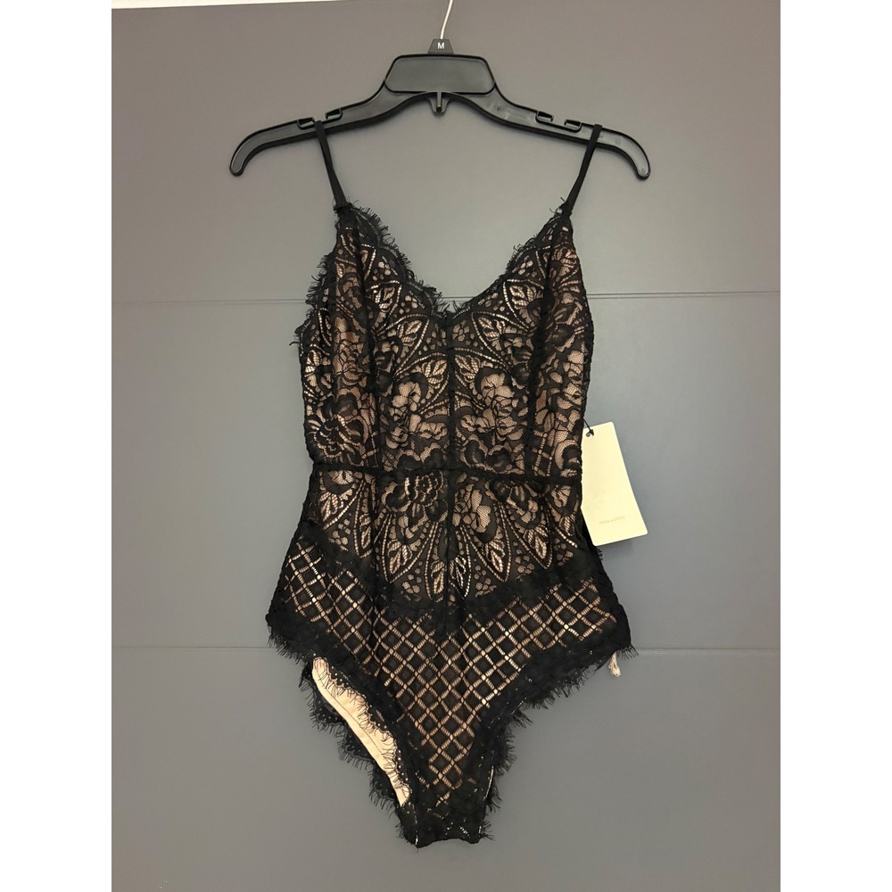 Vera & Lucy Black Floral Lace Bodysuit Nude Lining Eyelash Trim Medium NEW
